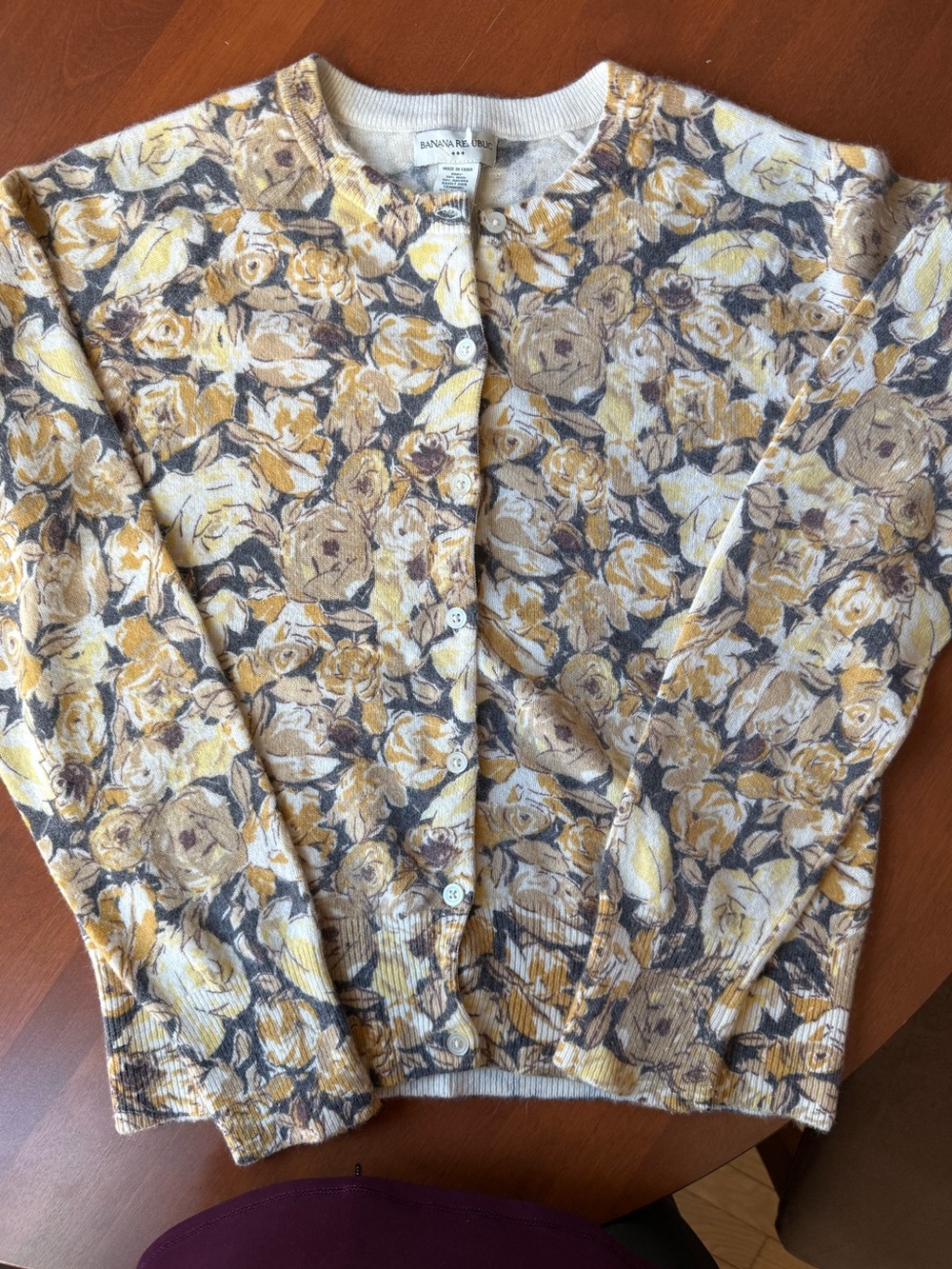 Banana Republic Yellow and Gray Floral Crewneck Cardigan